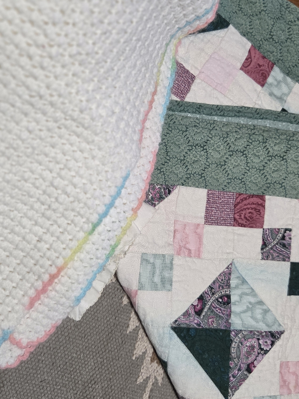White Crochet Baby Blanket with Pastel Trim - Home Bedding Set Of 7 Vintage